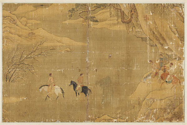 『기마도강도』, 견본채색, 28.8×43.9cm. 가운데가 접혀 있어 화첩에서 떼어낸 그림으로 판단되는데, 오른쪽과 왼쪽의 크기가 달라 왼쪽이 약간 잘려나간 것으로 보인다. [사진 제공 – 이양재]