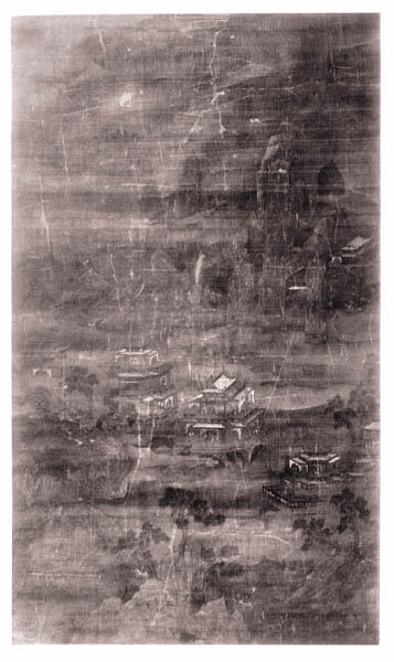 『전 공민왕 필 회화(속칭 阿房宮圖)』의 유리 원판(건판 16877, 1930년), 남송 장택단의 『청명상하도』에 등장하는 예(例)의 전형적인 건축물 그림. [사진 제공 – 이양재]