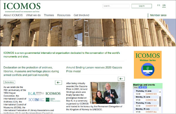 세계유산위원회 자문기구(ICOMOS)는 일본 사도광산의 세계유산 등재 여부에 대해 ‘보류(Refer)’ 결정을 내렸다. 사진은 세계문화유산위원회 국제기념물유적협의회 (ICOMOS) 홈페이지 첫 화면. [갈무리 사진 - 통일뉴스]