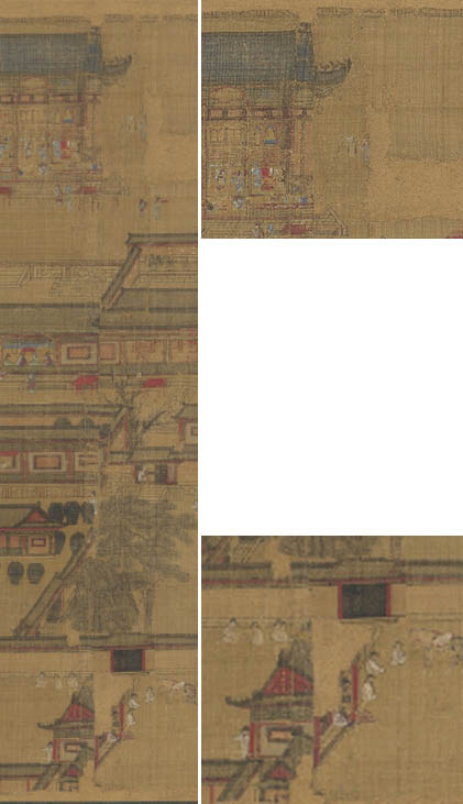 이 그림은 세 폭의 비단을 이어 붙였다. 오른쪽 첫 번째 견본과 두 번째 견본 사이의 연결 부위가 손상되어 그림의 연결이 자연스럽지 못하다. [사진 제공 – 이양재]