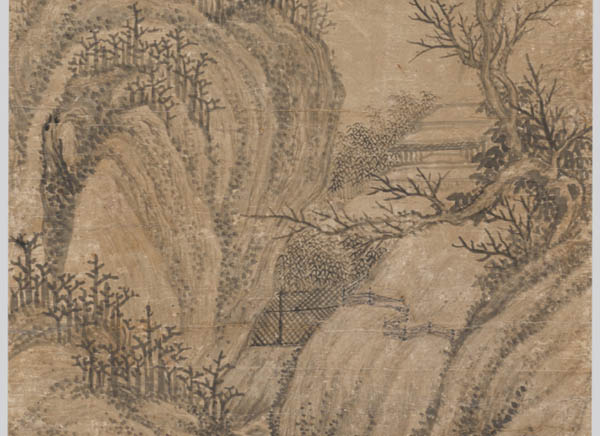 ① 「신덕린 필 산수도」 중앙 부분,  지본수묵. 사람이 없다. 초옥의 모습이 「몽유도원도」와 유사하다. [사진 제공 – 이양재]