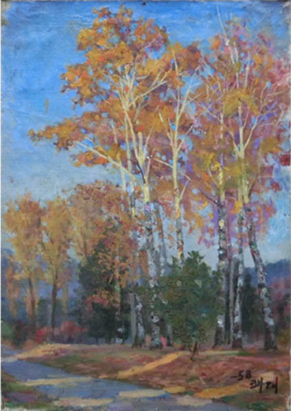「가을풍경」, 리쾌대, 유화, 1958, 가로29cm×세로41cm. [사진 제공 – 이양재]