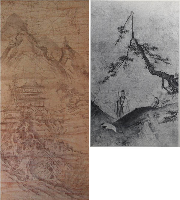 왼족: 『악양루도』, 이수문, 1점, 102.3×44.7cm. 지본수묵, 일본 개인소장(富田家). [사진 제공 - 이양재] 오른쪽: 『임화정도(林和靖圖)』, 이수문, 80.8×33.5cm. 지본담채, 일본 교토국립박물관 소장. [사진 제공 - 이양재]