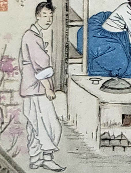 연보라 저고리에 미투리를 신었다. 어설프고 연약해 보인다. 이런 나약함을 숨기기 위해 맨상투에 소매까지 걷었다. 맨상투를 보인다는 것은 체면을 차리지 않겠다는 의지로 웃통을 벗은 거나 다름없다. [사진 제공 – 심규섭]