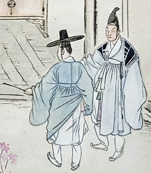 주름을 넣은 옥빛 두루마기는 명품 옷이다. 두루마기를 허리춤까지 끌어올린 것은 허세를 부리는 것이다. 노련한 나장이 슬쩍 말린다. [사진 제공 – 심규섭]