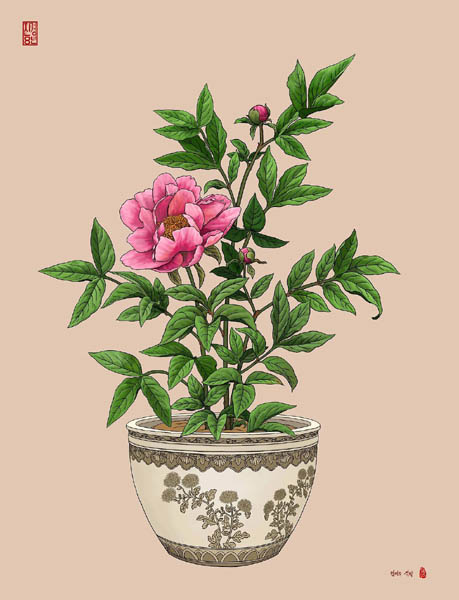 겸재의 작약/심규섭/디지털 그림/2023.[독서여가] 작품을 바탕으로 작약꽃을 그렸다. 물 받침대를 빼고 꽃은 크게 그렸다. 겸재 선생은 작약꽃을 보면서 무슨 생각을 했을까? 그 마음을 따라가고자 했다. [사진 제공 – 심규섭]