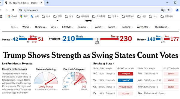 [뉴욕타임스] 메인 페이지. 트럼프 승리 가능성이 90%라는 시계가 보인다.