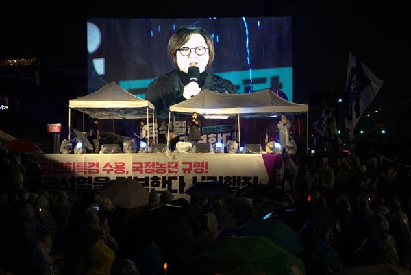 이나영 정의기억연대 이사장이 시민발언자로 나서 일본군 '위안부' 역사 부정을 금지하는 법안의 조속한 개정을 촉구했다. [사진 - 통일뉴스 김래곤 통신원]