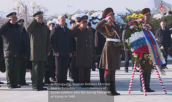 평양 해방탑을 찾아 헌화한 러시아 국방장관 일행. [사진 갈무리-러시아 국방부 텔레그램]