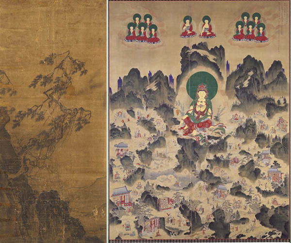 왼쪽, 『송하보월도』, 이상좌, 190×81.8cm, 국립중앙박물관 소장. 오른쪽, 『32관음응신도』, 이자실, 235☓135cm, 일본 지은원 소장. [사진 제공 – 이양재]