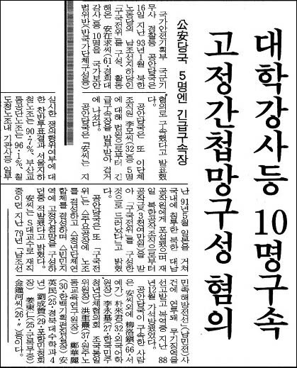 1994년 6월 16일 공안당국이 발표한 구국전위 사건 신문기사. 아버지는 이 사건으로 남민전 사건으로 구속돼 석방된 지 5년 반만에 아들인 나와 함께 구속됐다. 하지만 나는 구국전위와는 아무런 관련이 없었으며, 군 복무 중에 잡혀온 대학 후배들 역시 마찬가지였다. [사진 제공 – 안영민]