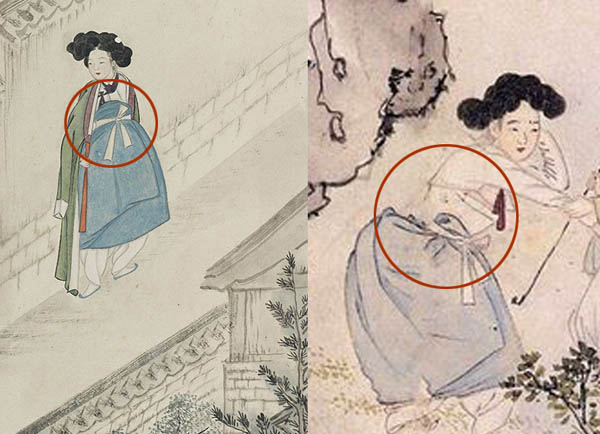 왼쪽은 신윤복의 그림 속, 일반적인 치마 묶는 모습이다. 보통 치마를 끌어 올려 허리를 숨긴다. 하지만 오른쪽 소년전홍 속 여성의 치마는 허리를 감싸지 않고 오히려 노출하고 있다. 당시 노는 여자들의 첨단 유행이다. [사진 제공 – 심규섭]