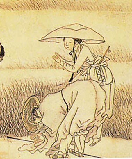 김득신의 [노상소원도]에 나오는 젊은 여자의 가방에는 짧은 곰방대가 담겨있다. 같이 있는 남자는 아버지나 남편으로 추정한다. 외부 남자에게 관심이 없기에 곰방대를 가지고 다닌 것이다. [사진 제공 – 심규섭]