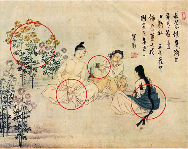 위작 삼추가연/혜원풍속화첩/조선후기/국립중앙박물관. 신윤복의 진품 속에 끼워 넣고, 신윤복의 명성을 이용한 위작이다. 조선을 부도덕한 국가로 매도하기 위한 심리전의 방편으로 그린 악질 그림이다. 인물, 배경, 글씨는 각각 다른 사람이 역할 분담하여 그렸다.조선화원이 그렸을 가능성이 있지만 곳곳에 일본풍과 정서가 들어가 있다. 이 그림을 기획하고 감독한 사람이 일본인이라는 강력한 심증이다. [사진 제공 - 심규섭]