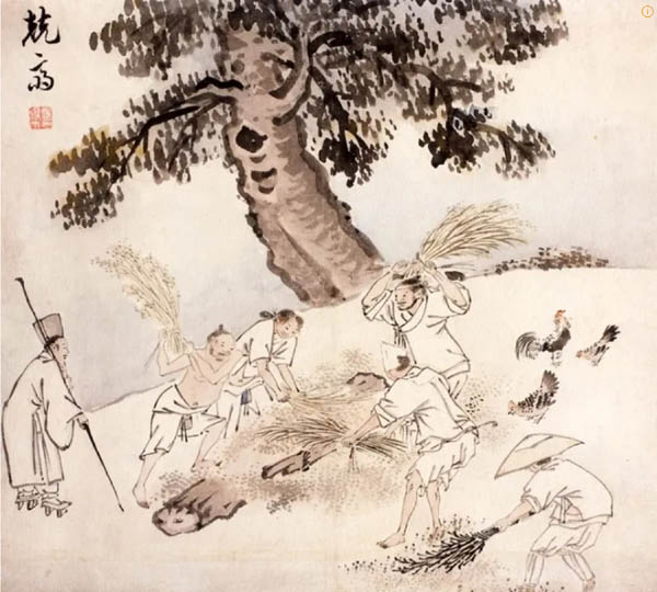 김득신의 [타작]이란 작품이다. 같은 제목과 소재로 그린 김홍도의 풍속화와는 미묘한 차이가 있다. 이 작품은 가을 추수 현장에 나와 있는 양반 혹은 선비가 주인공이다. 무릇 올바른 선비나 정치인이라면 백성의 삶인 농사에 깊은 관심을 가져야 한다는 농자천하지대본의 정치적 실천을 강조했다. [사진 제공 - 심규섭]