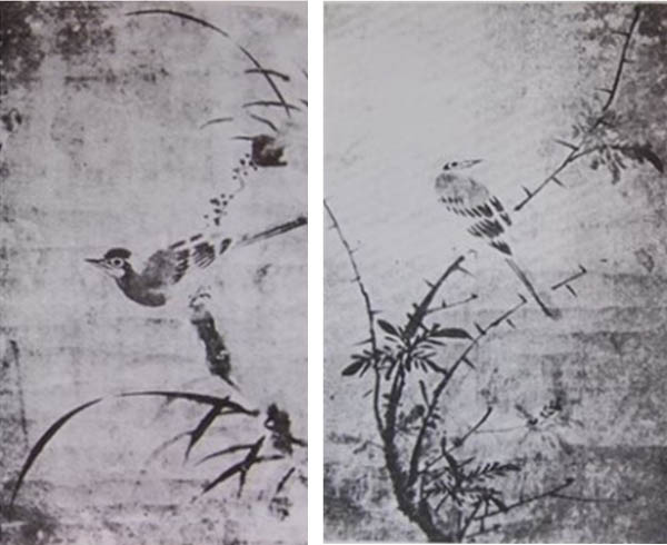 (좌) ②「영모산수도」, 김정, 지본수묵, 1521년 이전, 65.5×40.0cm, 유복열 구장. (우) ①「영모절지도」, 김정, 지본수묵, 1521년 이전, 65.5×43.9cm, 유복열 구장. [사진 제공 – 이양재]