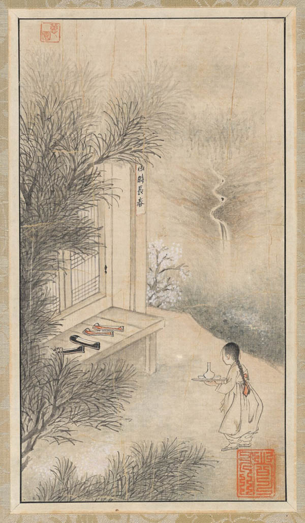 전(傳)신윤복/사시장춘(四時長春)/18세기/종이에 담채/27.2×15.0㎝/국립중앙박물관.조선 후기 유행했던 그림이다. 도화서 화원이 그린 어용미술이 아니다. 신윤복처럼 민간 화가가 그렸다. 진부한 소재이지만 주제는 생각보다 무겁다. [사진 제공 – 심규섭]