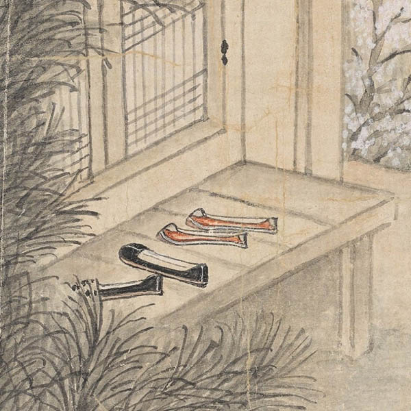 사시장춘 부분-단정한 여자 신발과 흐트러진 남자 신발. 밀당에서 여성이 이기고 있다. 아래가 아닌 마루 위에 신발은 상식에 어긋난다. 방안의 남녀 상태를 드러내기 위한 화가의 의도이다. [사진 제공 – 심규섭]