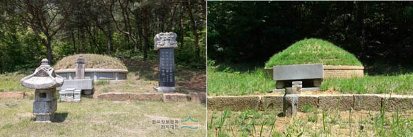 왼쪽. 「신종호 부부의 묘」, 경기고 구리시 아차산 아래. ‘한국향토문화전자대전’에서 인용. 오른쪽, 「신잠의 묘」, 경기고 구리시 아차산 아래. 신경식 제공. [사진 제공 – 이양재]