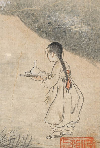 주안상은 방안에서 끌어당기는 욕망의 상징이고 엉덩이를 뒤로 뺀 여종은 부끄러움, 양심의 상징이다. [사진 제공 - 심규섭]