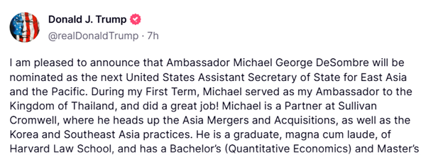 11일 트럼프 미 대통령이 국무부 동아태 차관보 지명자를 공개했다. [사진 갈무리-트루스소셜]