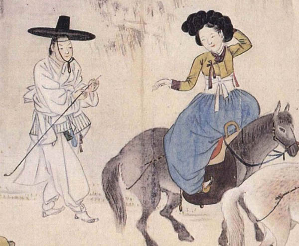 기생의 표정이 가관이다. 머리를 만지는 것은 부끄럽고 긴장한 여성 특유의 행동이다. 이것은 여자가 먼저 남자에게 장죽을 달라고 선수를 쳤기 때문이다. 여성이 요구하자 잘생긴 남자가 공손히 장죽을 주고 있다. [사진 제공 - 심규섭]