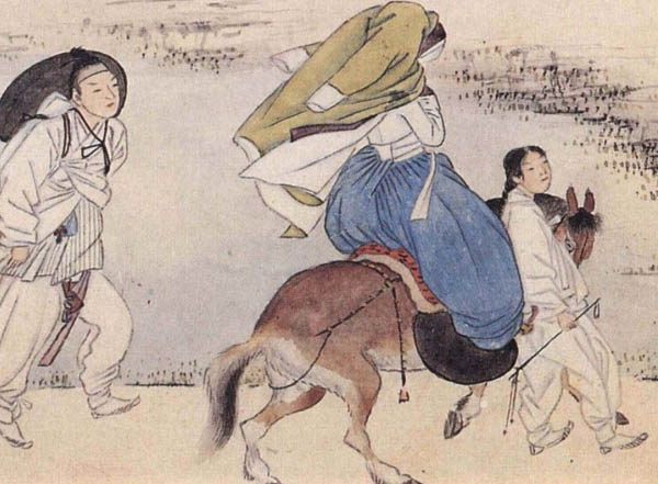 장옷을 쓰고 얼굴을 가린 기생과 뒤따르는 남자는 아직 안면도 트지 못했다. 그런데 장옷의 기생이 급히 가는 이유는 뭘까? [사진 제공 - 심규섭]