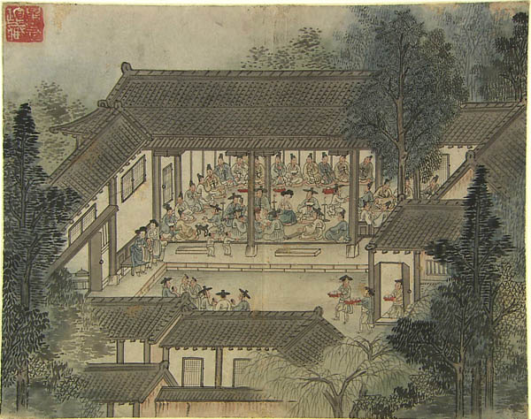 작자미상/ 1814년/ 국립중앙박물관 소장. 한양의 정윤상(丁允祥)의 집에서 열린 계회를 그린 기록화다. 대청마루에는 행사의 주인공들이 빙 둘러앉아 삼현육각의 연주에 맞추어 저마다 담소와 술을 즐기고 있다. [사진 제공 - 심규섭]