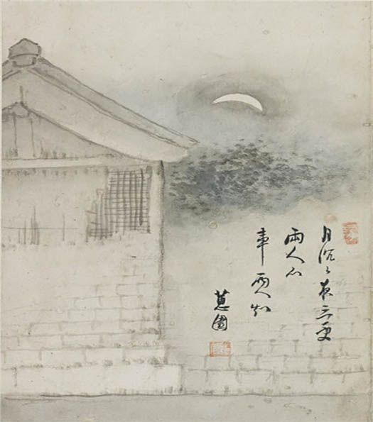 좌측 부분은 독립된 그림이다. 김명원의 시구절과 월식을 결합해 남녀의 애잔하고 절박한 사랑을 표현했다. 풍류방을 현대적으로 만들었다. 조선 후기 풍류방의 모습도 이와 비슷할 것이다. [사진 제공 - 심규섭]