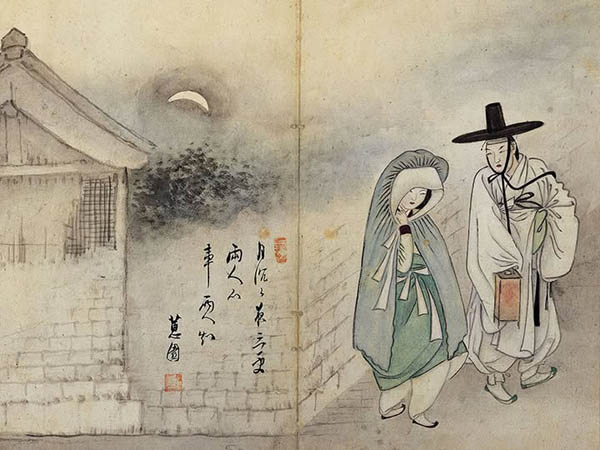 이 작품이 하나로 연결된 것이라면, 이별 장면이 맞다. 집과 반대 방향으로 가고 있기 때문이다. 그런데, 화제를 그림 중앙에 넣고 낙관이나 인장을 찍은 것은 이상하다. 화제의 내용 이전에 조형적으로 맞지 않는다. 이별 장면에 남녀가 다정하게 걸어가는 모습을 그리지 않는다. 이것은 미술계의 국룰이다. 만남은 둘이 함께, 이별은 따로, 혹은 멀리 떨어져 있어야 한다. 무엇보다 통금시간인 삼경에 밖을 돌아다니는 것은 불법이다. 남녀의 사연 이전에 이미 불법한 그림이 되고, 이는 곧바로 탄핵 대상이다. 당시 정조 임금의 문체반정이 강력히 시행되고 있었다. 이런 그림이 유통되고 있었다면 의금부에 의해 끌려가 고초를 겪었을 것이다. 그렇다고 오른쪽 그림을 위작으로 보지는 않는다. 원래 떨어져 있는 그림을 합치는 과정에서 문제가 발생한 것이다. [사진 제공 - 심규섭]