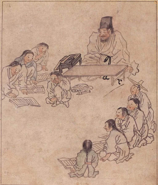 김홍도 풍속화첩 속에 있는 [서당]이라는 작품이다. 모작 흔적이 역력하다. 모작은 국가에서 주도했으며, 이런 문화를 수용해야 조선시대 미술을 제대로 이해할 수 있다. [사진 제공 - 심규섭]
