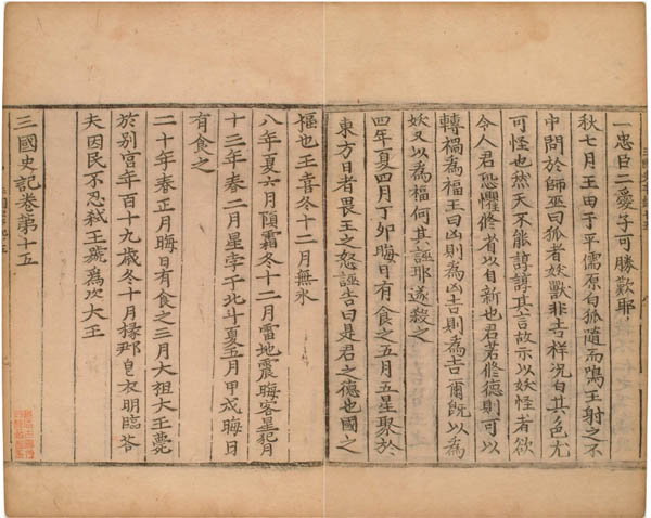 사진(1). ‘『三國史記』, 卷第十五, 「髙句麗本紀」 第三, 次大王 四年夏’“五月, 五星聚於東方. 日者畏王之怒, 誣告曰, “是君之徳也, 國之福也.” 王喜.” 목판본, 1512년 정덕본. [사진 제공 – 이양재]