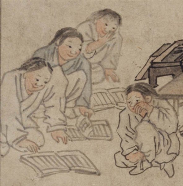 흐린 먹선 위로 덧칠한 흔적이 역력하고 필력이라고 볼 수 없는 어설픈 선묘이다. 덧칠의 특별한 규칙도 없다. 왼쪽 아이의 왼쪽 어깨는 상식을 벗어날 만큼 왜곡되었다. 도화서에서 모작은 그림은 이렇지 않았을 것이다. 민간 화공이 모작을 반복되는 과정에서 생긴 오류이다. [사진 제공 - 심규섭]