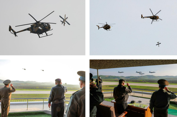 헬기로 적 무인기를 소멸하는 훈련 [사진-노동신문]