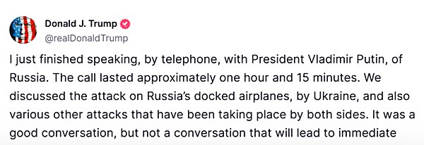 트루스소셜 트럼프 계정 갈무리.