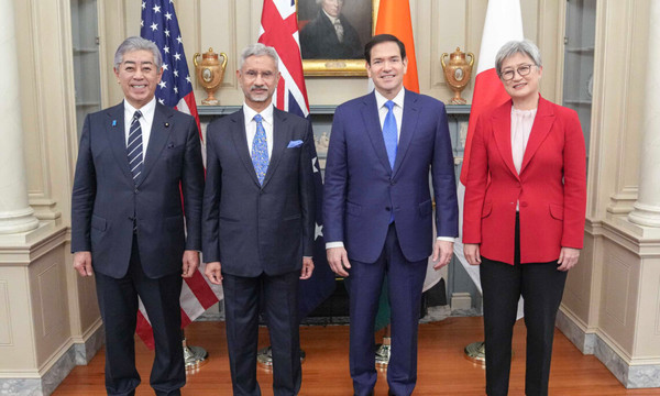 지난 1일 미국 워싱턴 D.C. 국무부에서 만난 쿼드 4개국 외교장관. 왼쪽부터 이와야 타케시 일본 외무상, 수 브라흐마냠 자이샹카르 인도 외교장관, 마르코 루비오 미국 국무장관, 페니 웡 호주 외교장관. [사진-인도주재 미국대사관]