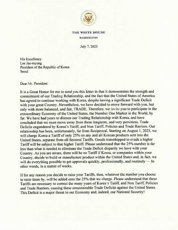 트럼프 미 대통령이 7일 이 대통령에게 보낸 공개서한. [출처-트루스소셜 트럼프 계정]