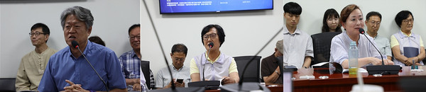 왼쪽으로부터 진천규 통일TV 대표와 동분선 통일중매꾼 대표, 정연진 AOK대표 등이 나서 국가보안법 피해사실을 증언하고 있다. [사진-통일뉴스 김래곤 통신원]