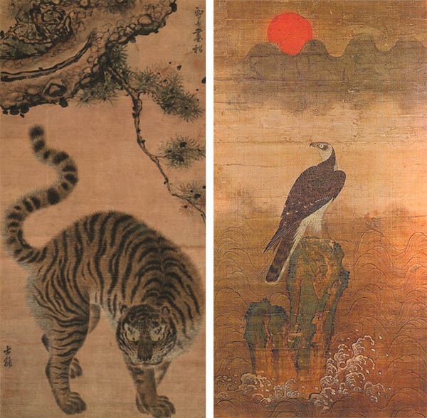 단원 김홍도의 송하맹호도와 정홍래의 호취도이다. 호랑이와 매는 독립된 소재로 그린다. [사진 제공 – 심규섭]