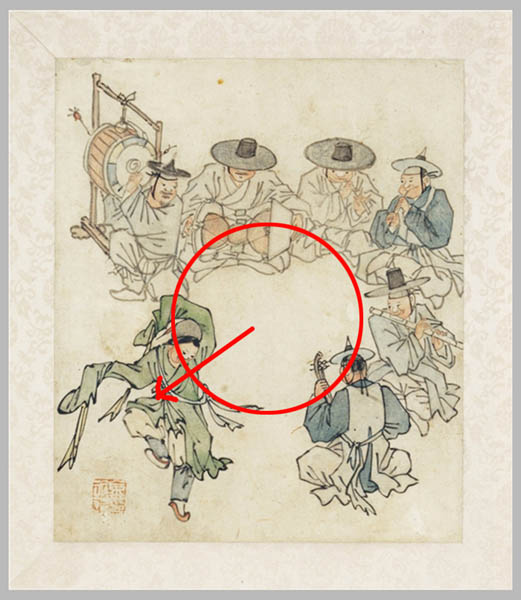 무동이 주인공이라면 중앙에 배치해야 한다. 그런데 좌측 아래로 밀려나 있다. 공간을 차지하는 비율도 약 25%이다. 이 그림의 주인공은 무동이 아니라 삼현육각 연주자이다. 엄밀히는 삼현육각이 연주하는 음악이다. [사진 제공 – 심규섭]