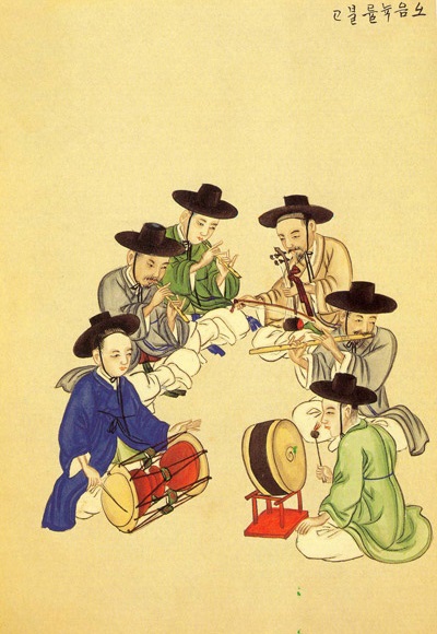 조선 말기(19세기 말) 기산 김준근이 그린 삼현육각이다. 그림에는 ‘오음육률’이라고 한글로 써 있다. 오음은 우리 음악의 기본 음계이고, 육률은 6개의 악기가 만들어내는 가락을 뜻하는데, 음악이나 삼현육각을 일컫는 다른 말이다.노래와 춤은 없고 오직 악기 연주만 그렸다.김준근은 조선의 풍습이나 문화를 담은 그림을 부산이나 원산 같은 개항지에서 외국인에게 팔았다. 당시에도 삼현육각은 일상적인 악단이었다. [사진 제공 – 심규섭]