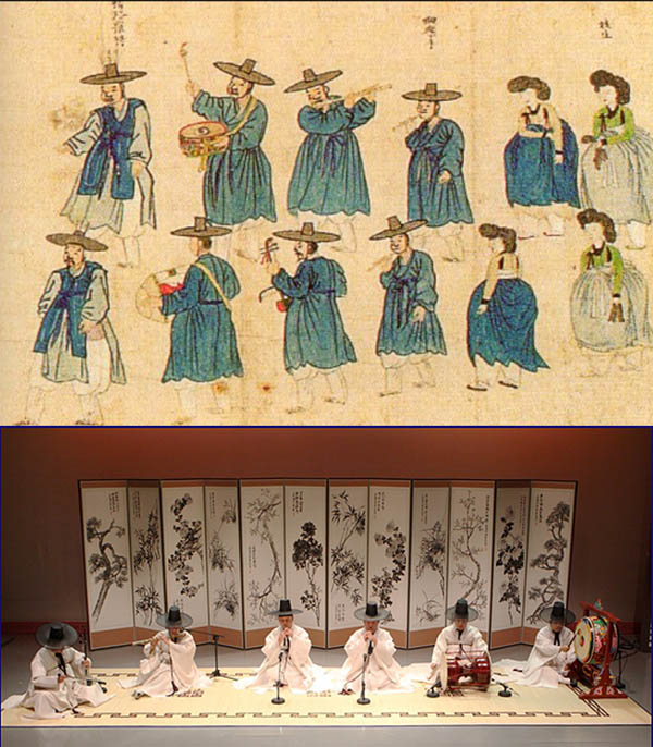 위 그림-군수부임 잔치에 동원된 삼현육각. 아래 그림-현대에 복원된 삼현육각. [사진 제공 – 심규섭]