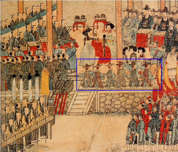 동래 부사가 왜인을 초빙하고 잔치행사에 전립 모자를 쓴 삼현육각이 있다. 공식행사여서 세악수(細樂手)를 동원한 것이다. [사진 제공 – 심규섭]