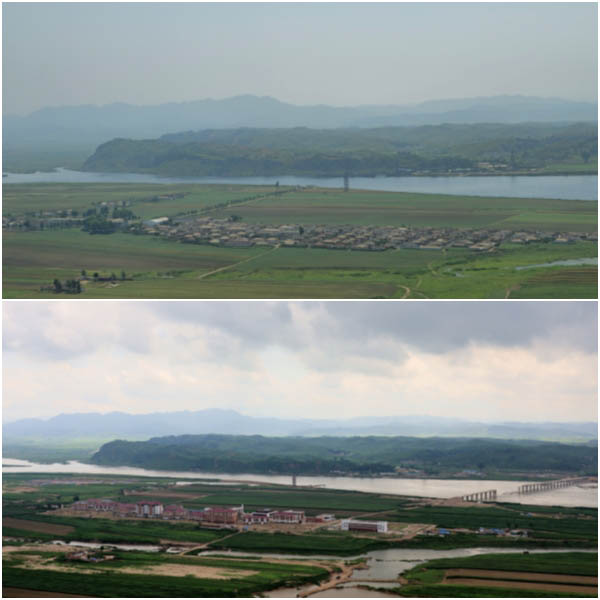 중국 단둥시 호산 정상에서 본 2024년 6월 중순 홍수가 나기 한 달 전 평안북도 의주군 어적도 마을 모습(상)과 2025년 7월 말 홍수가 난 지 1년 뒤 복구된 어적도 마을 모습(하). 완전히 새로운 모습으로 바뀌었고, 의주군과 어적도를 잇는 교량이 새로 건설되고 있다. [사진 제공 - 포럼 평화공감]