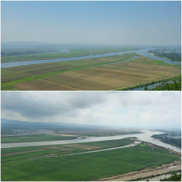 중국 단둥시 호산 정상에서 본 2024년 6월 중순 홍수가 나기 한 달 전 평안북도 의주군 서호리와 신의주시 위화도의 모습(상)과 2025년 7월 말 홍수가 난 지 1년 뒤 새로운 주택과 남새온실이 들어서고 있는 모습(하). 앞에 보이는 섬이 어적도이고, 가운데 중앙이 서호리이고, 오른쪽 멀리 위화도가 보인다. [사진 제공 - 포럼 평화공감]