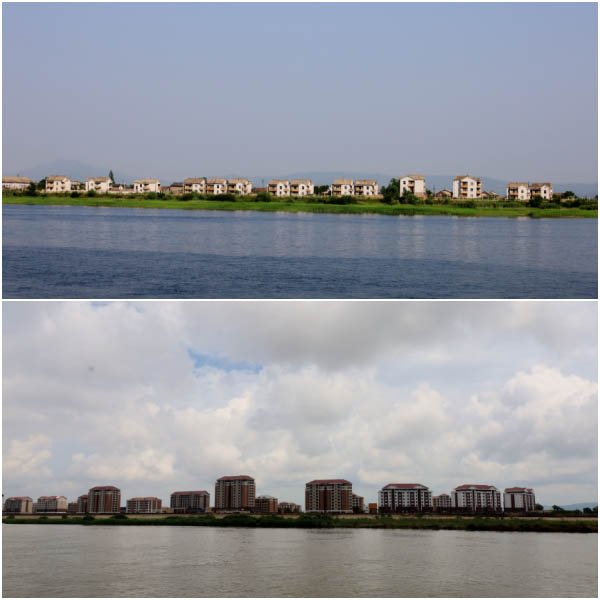 중국 단동시에서 바라다 본 위화도의 모습. 위는 2024년 6월 중순의 모습이고, 아래는 지난해 압록강 범람이후 새로 지어진 2025년 7월 말의 모습이다. [사진 제공 - 포럼 평화공감]