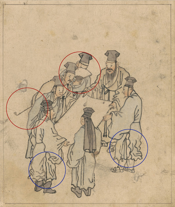 부채로 입을 가리거나 담뱃대를 뒤로 돌린 행위는 그림에 집중하고 있다는 의미이다.도포의 아랫부분을 쭈글쭈글하게 그렸다. 오랜 시간 앉아 공부한 흔적을 표현한 것이다.