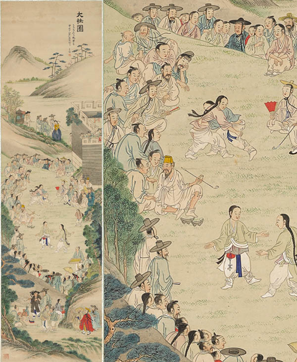 대쾌도(大快圖)/전 신윤복/종이에 채색/215*60.4/조선 후기/국립중앙박물관.​​​​​​​  신윤복의 그림으로 추정하지만, 모작으로 의심한다. 화면 위 오른쪽에 혜원이라고 적혀있지만, 선묘나 묘사방식, 채색 방법이 다르기 때문이다. 오히려 이 그림은 유숙(劉淑, 1827~1873)이 그렸다고 전해지는 서울대 박물관의 [대쾌도]를 보고 그린 것이 아닐까 추측된다.댕기를 한 청년들이 씨름을 하고 있다. 샅바가 보이지 않는다. 잘못 그린 것인지, 원래 없던 것인지는 확인하기 어렵다. 윗옷과 바지를 잡아당겨 엉덩이가 드러날 지경이다. [사진 제공 - 심규섭]