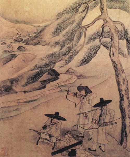 강희언/사인삼경-사인사예(士人三景-士人射藝)/지본담채/26x21cm/조선후기/개인소장.강희언은 선비의 모습을 특화한 그림을 잘 그렸다. 선비 교육용이다. 사냥놀이에서 활쏘기만 특화된 선비의 놀이이다. 전투용이면서 안전하며 경쟁을 할 수 있는 고급 놀이였다. [사진 제공 - 심규섭]