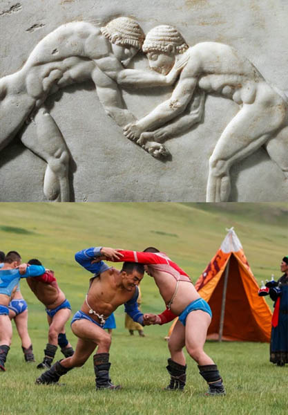 씨름과 가장 유사한 레슬링, 몽골 부흐는 잡기기술이 가장 중요하며 박치기, 주먹질, 깨물기, 발차기는 금지했다. 훈련용이기 때문이다. 씨름은 샅바를 통해 싸움을 대중스포츠로 발전시켰다. [사진 제공 - 심규섭]